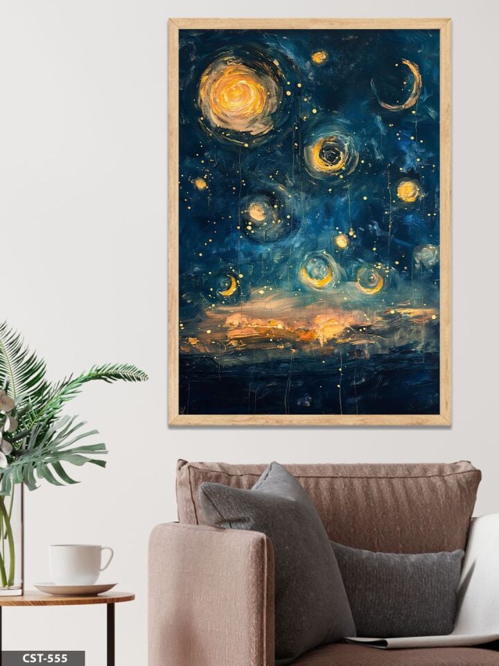 Yağlı Boya Görünümlü Yıldızlı Gece Tek Parça Ahşap Çerçeveli Tablo Naturel - 20 x 30 CM