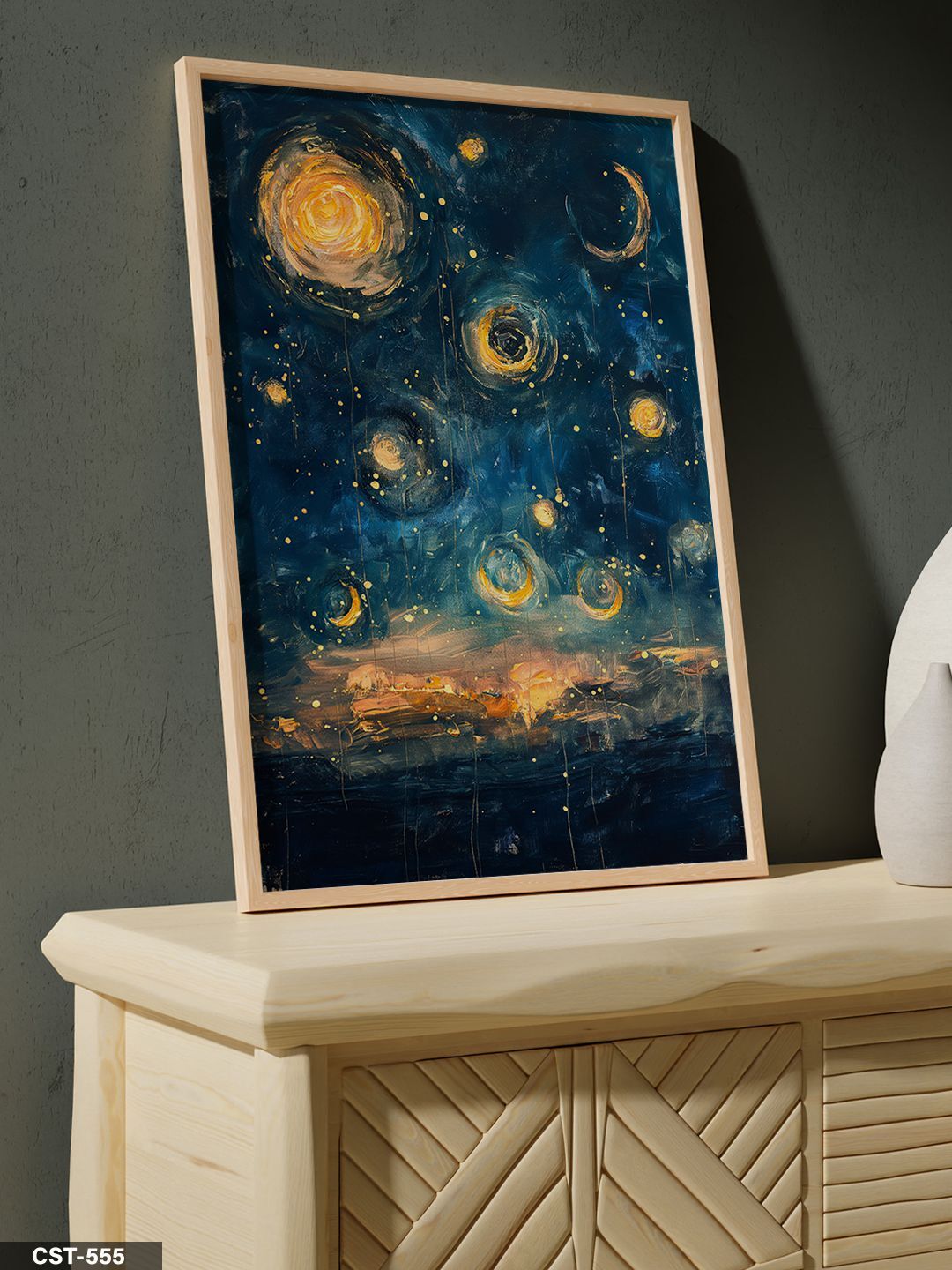 Yağlı Boya Görünümlü Yıldızlı Gece Tek Parça Ahşap Çerçeveli Tablo Naturel - 20 x 30 CM