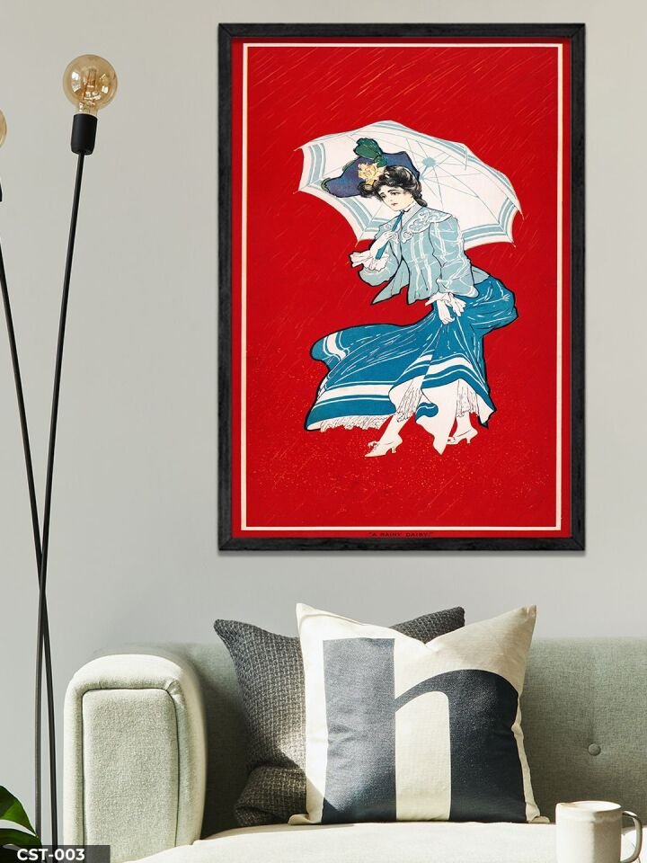 Şemşiyeli Kadın Tek Parça Ahşap Çerçeveli Tablo Siyah - 40 x 60 CM