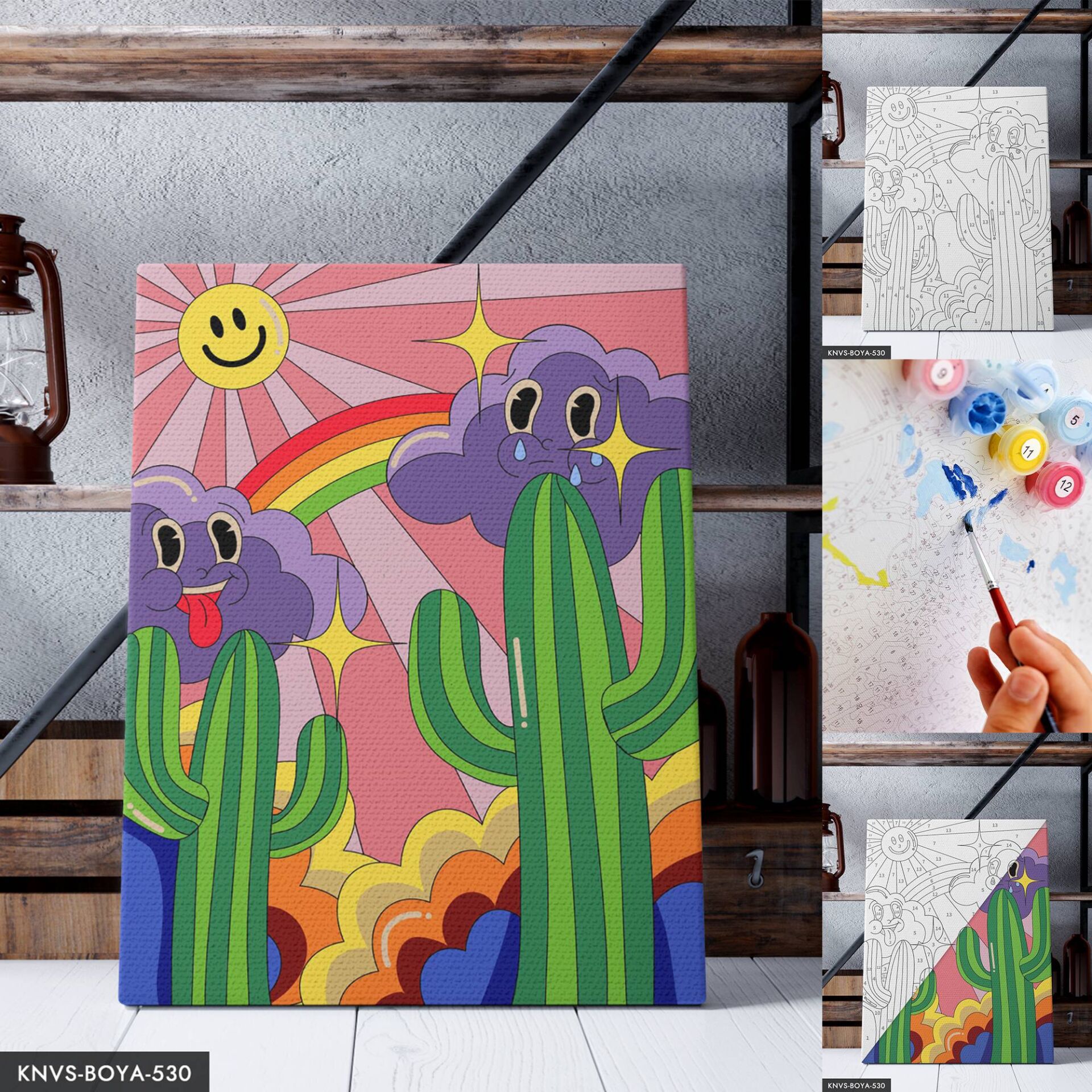 Renkli Bulutlar ve Kaktüs 30x40 CM Sayılarla Boyama Seti