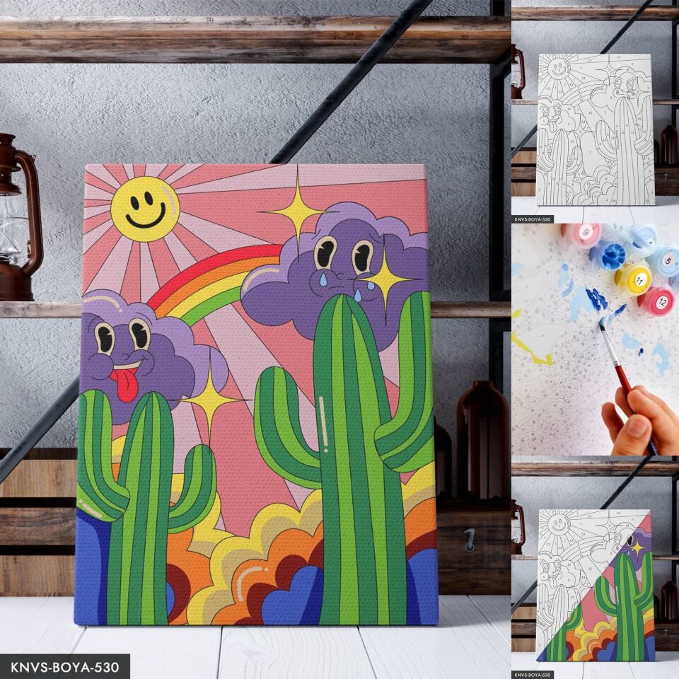 Renkli Bulutlar ve Kaktüs 30x40 CM Sayılarla Boyama Seti