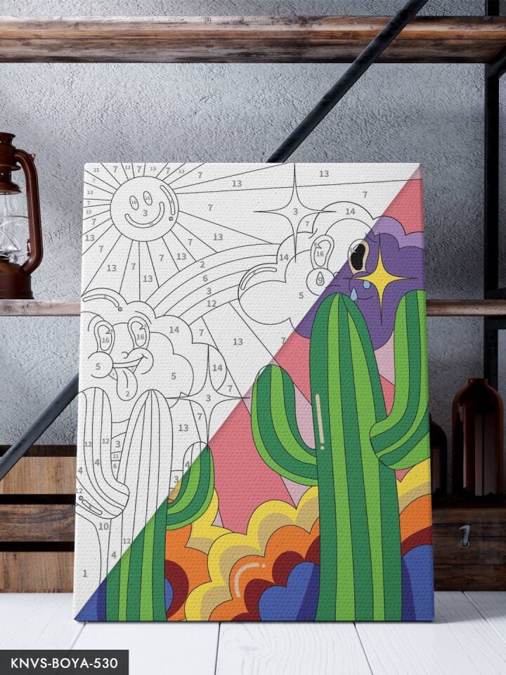 Renkli Bulutlar ve Kaktüs 30x40 CM Sayılarla Boyama Seti