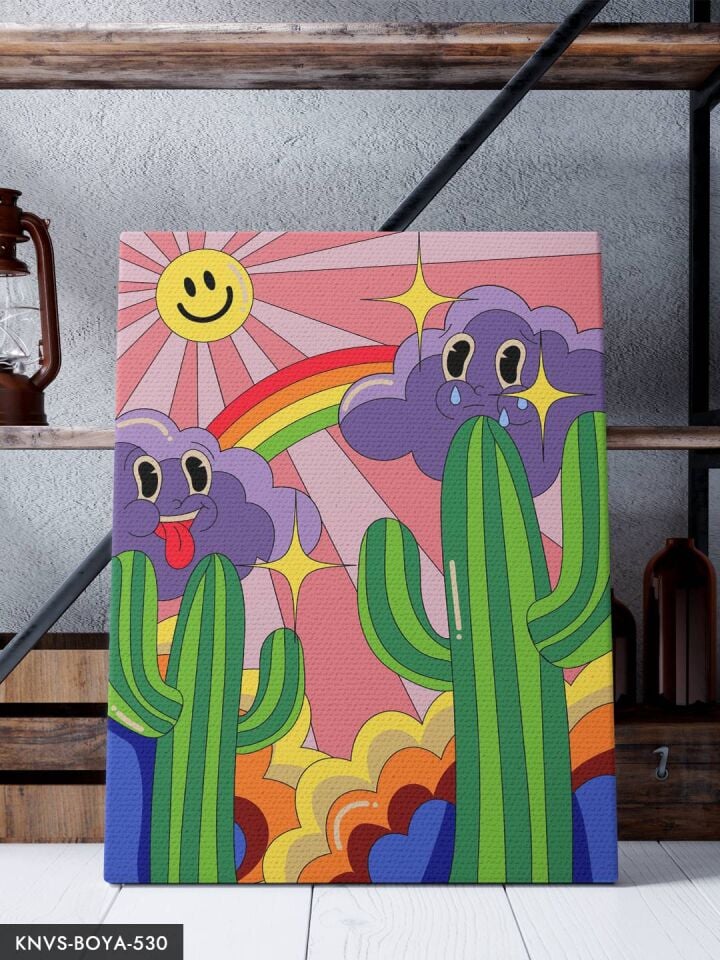 Renkli Bulutlar ve Kaktüs 30x40 CM Sayılarla Boyama Seti