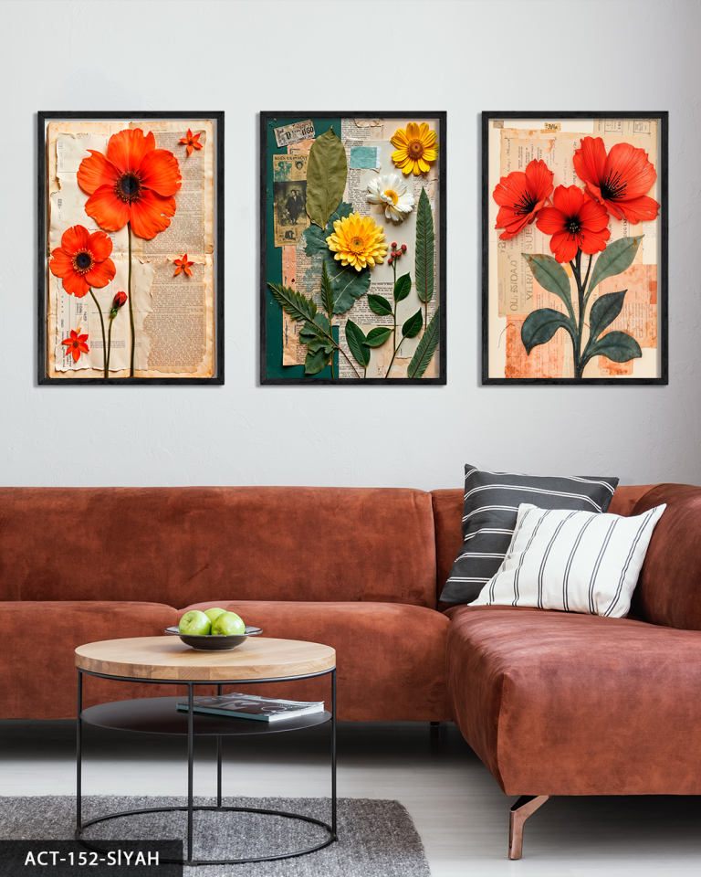 Yeşil Yapraklı Kırmızı ve Sarı Çiçek 3 Parça Ahşap Çerçeveli Tablo ACT Siyah - 40 x 60 CM