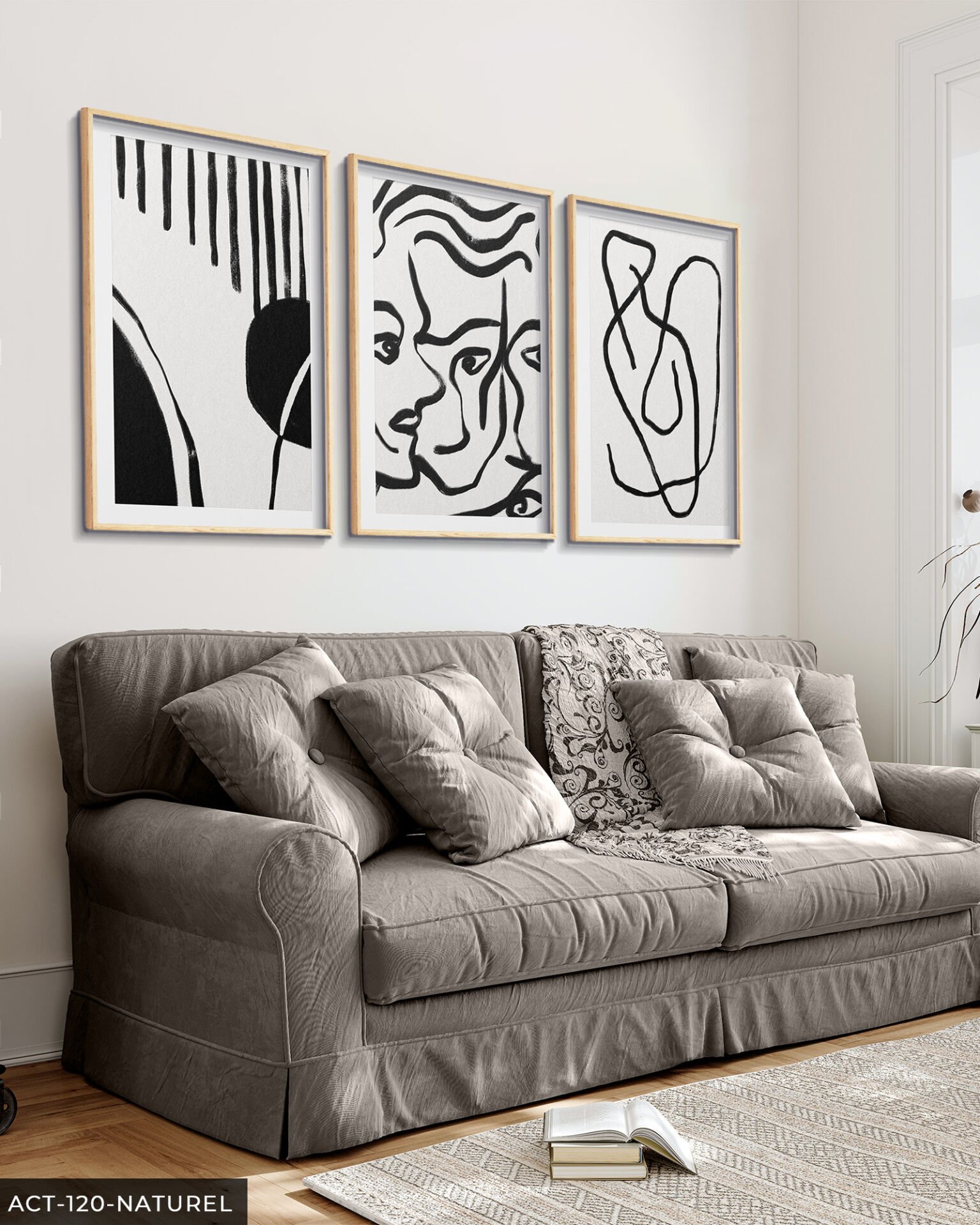 Portreler ve Soyut Sanat 3 Parça Ahşap Çerçeveli Tablo ACT Naturel - 30 x 40 CM