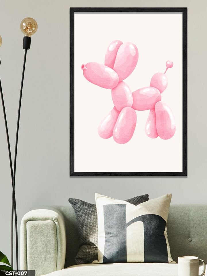 Pembe Balon köpek Tek Parça Ahşap Çerçeveli Tablo Siyah - 40 x 60 CM
