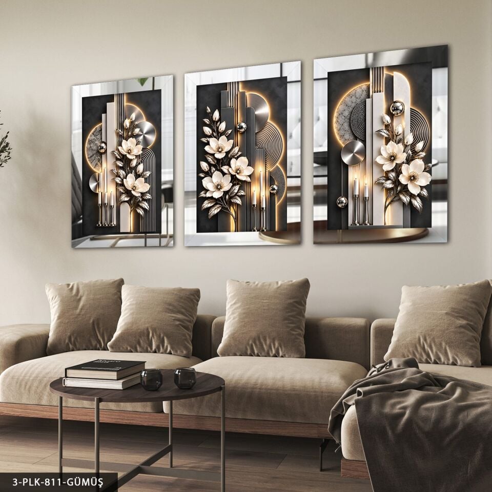 Yuvarlak Desenler Çiçek ve Mum 3 Parça Pleksi Aynalı Tablo Gümüş - 50 x 70 CM
