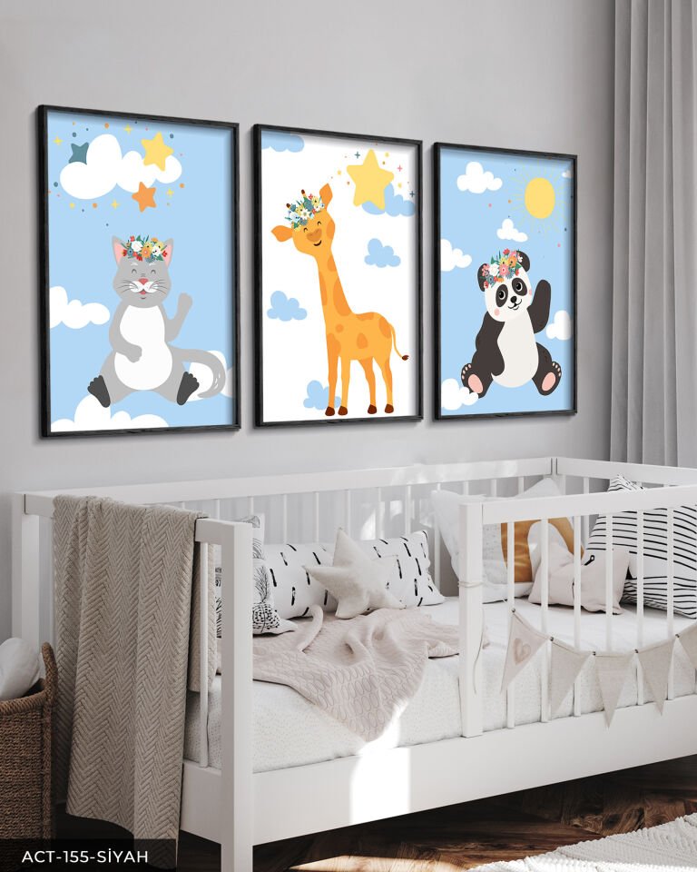 Küçük Kedi Panda ve Zürafa 3 Parça Ahşap Çerçeveli Tablo ACT Siyah - 40 x 60 CM