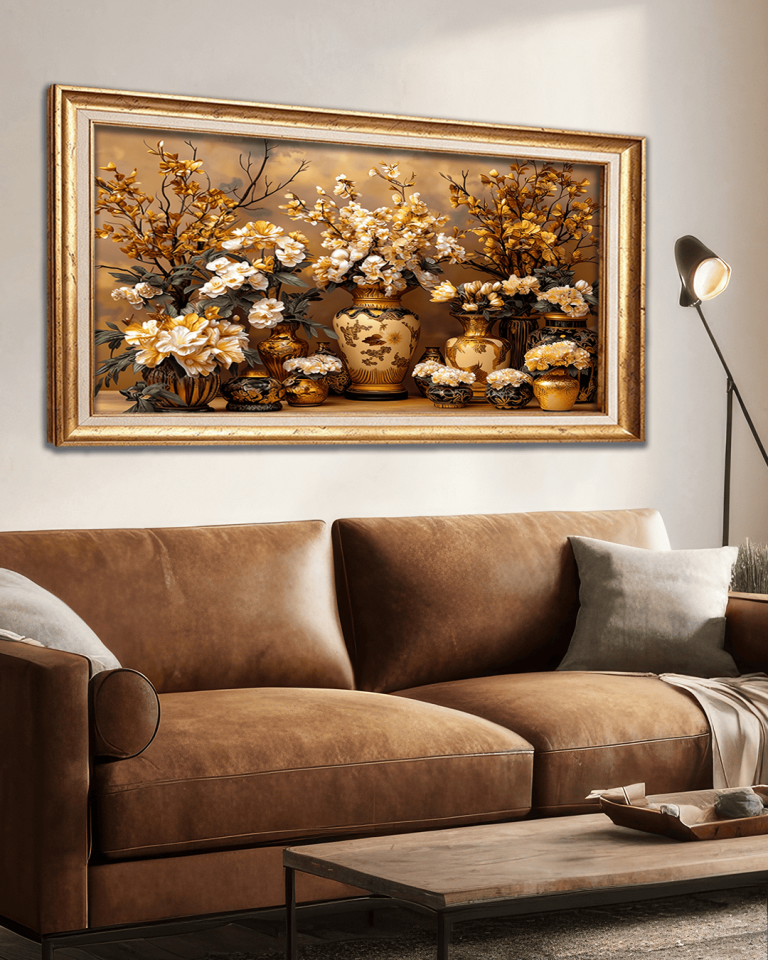 Vazodaki Çiçekler Premium Çerçeveli Tek Parça Tablo 65X110 cm PRM