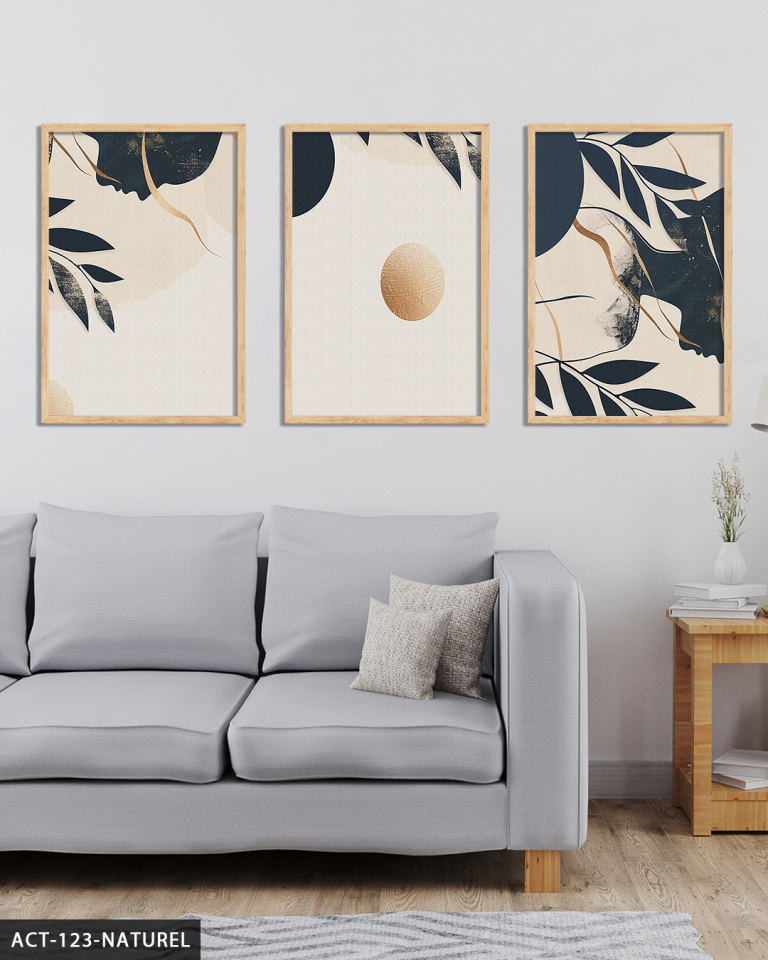 Gold Detaylı Ay ve Kadın Silüeti 3 Parça Ahşap Çerçeveli Tablo ACT Naturel - 30 x 40 CM