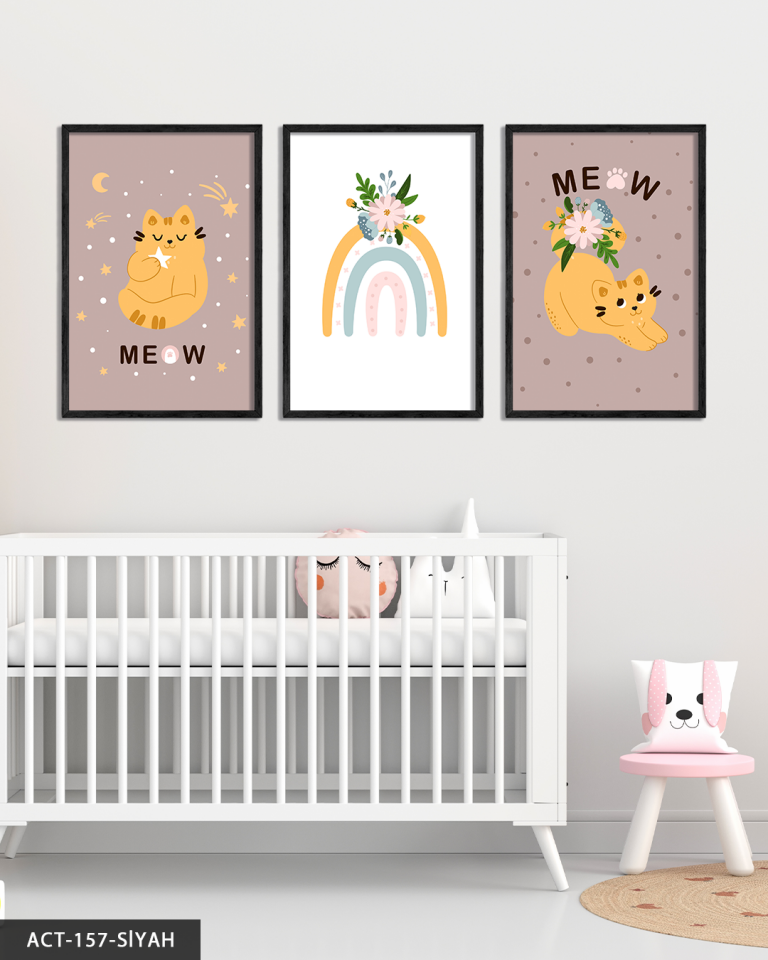 Sevimli Kedi ve Gökkuşağı 3 Parça Ahşap Çerçeveli Tablo ACT Siyah - 40 x 60 CM