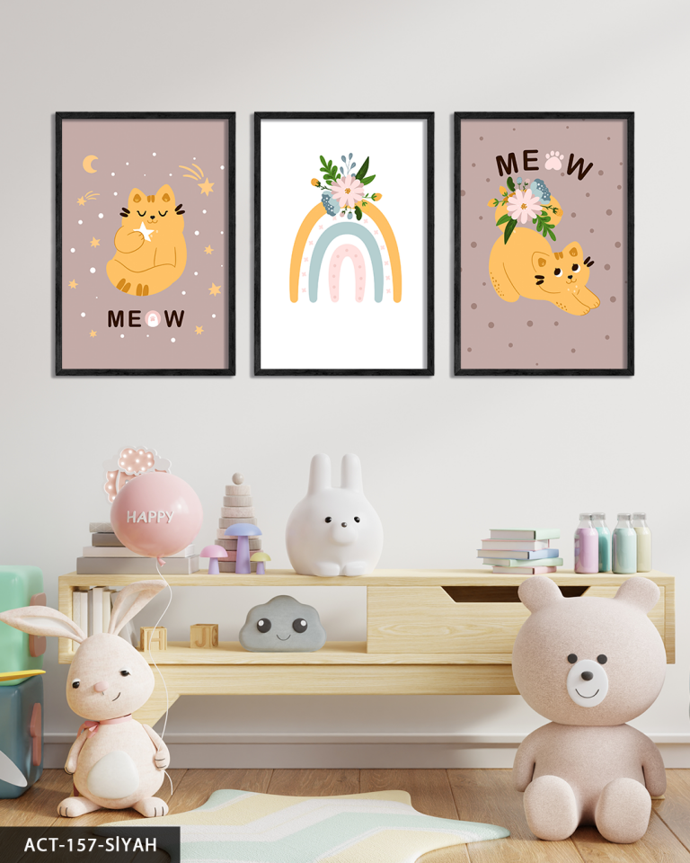 Sevimli Kedi ve Gökkuşağı 3 Parça Ahşap Çerçeveli Tablo ACT Siyah - 40 x 60 CM