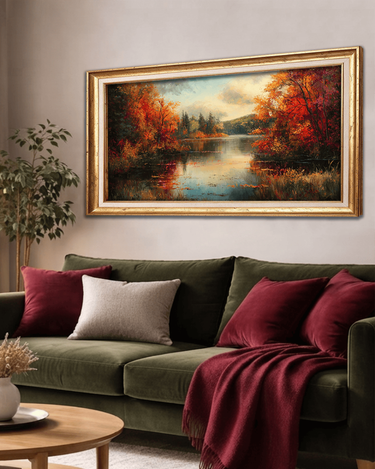 Sonbaharda Gölet Premium Çerçeveli Tek Parça Tablo 65X110 cm PRM