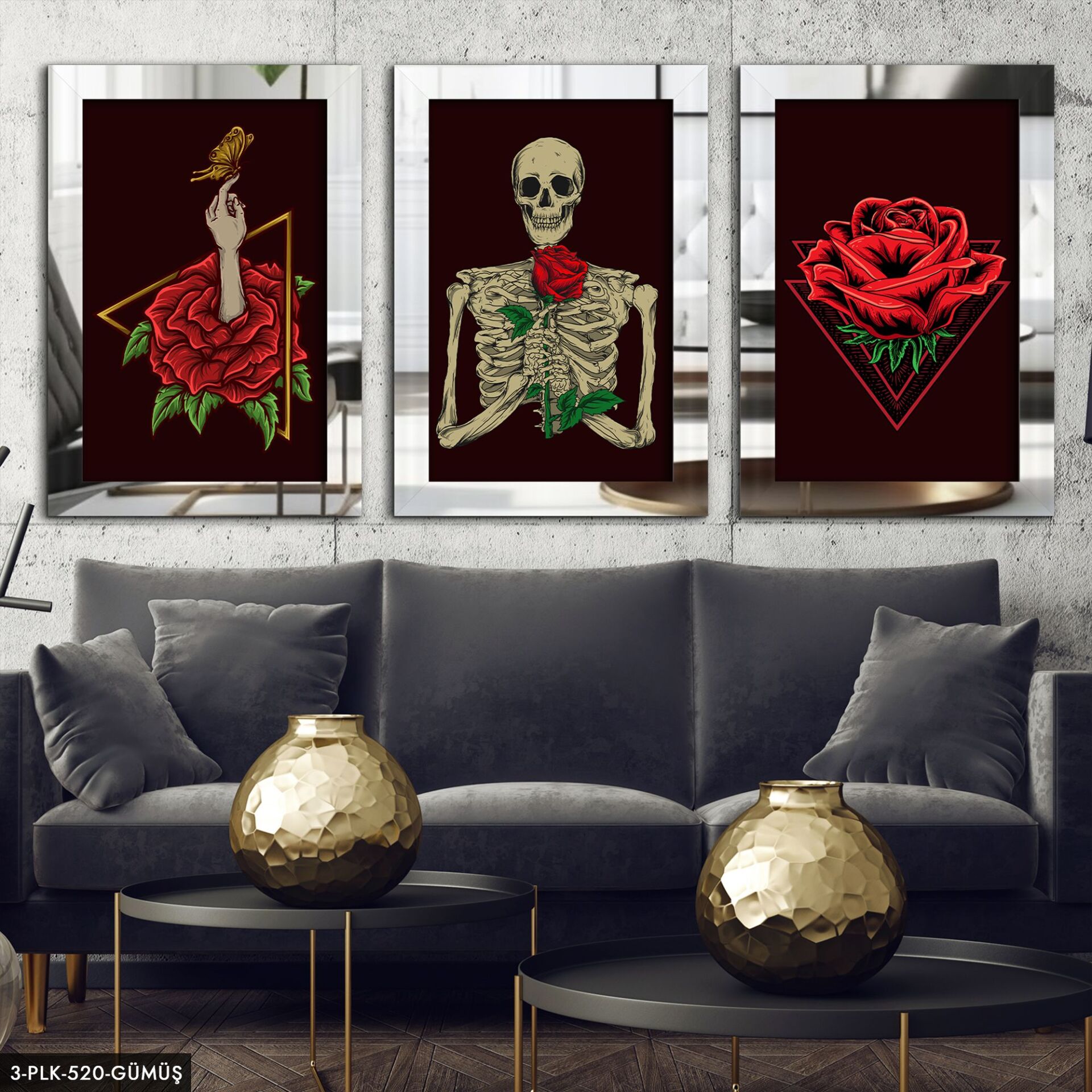 İskelet Gül 3 Parça Pleksi Aynalı Tablo 20 x 30 CM - Gümüş