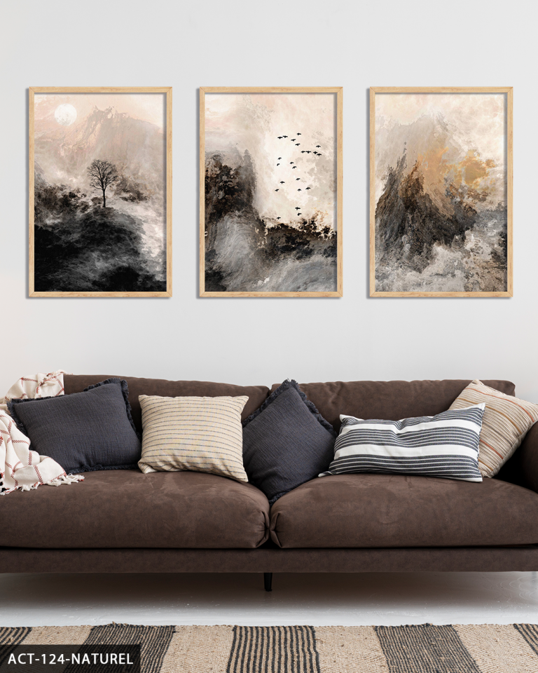 Fırça İzleriyle Modern Sanat 3 Parça Ahşap Çerçeveli Tablo ACT Naturel - 30 x 40 CM