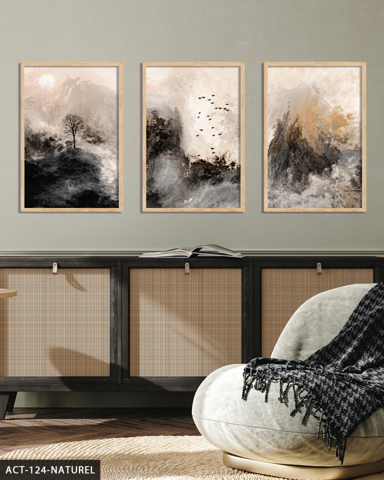 Fırça İzleriyle Modern Sanat 3 Parça Ahşap Çerçeveli Tablo ACT Naturel - 30 x 40 CM