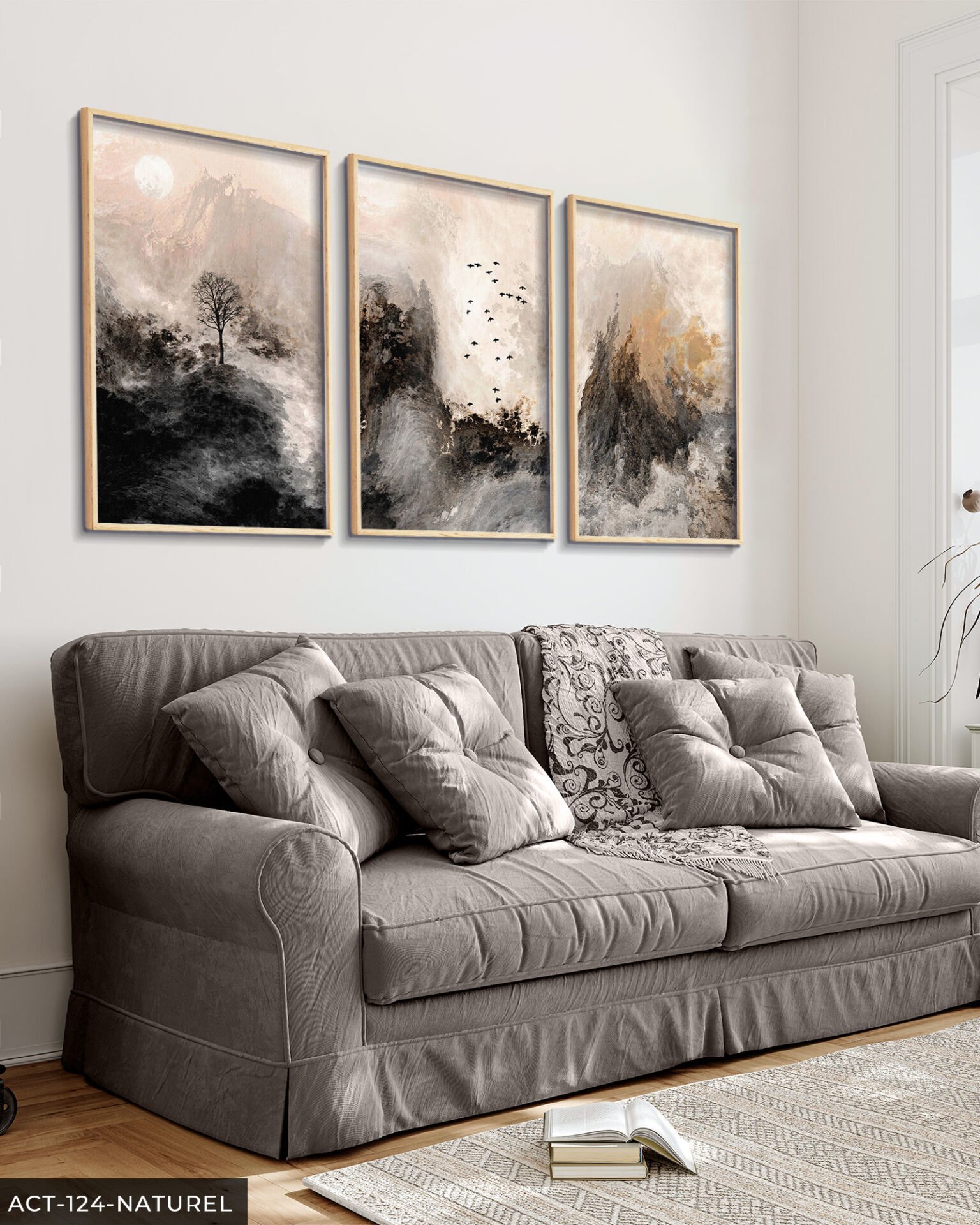 Fırça İzleriyle Modern Sanat 3 Parça Ahşap Çerçeveli Tablo ACT Naturel - 30 x 40 CM