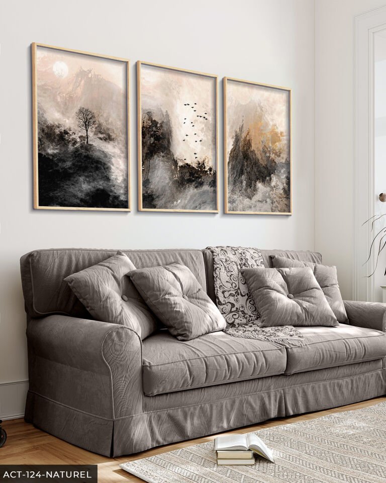 Fırça İzleriyle Modern Sanat 3 Parça Ahşap Çerçeveli Tablo ACT Naturel - 30 x 40 CM