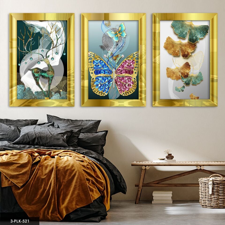 Kelebek Geyik 3 Parça Pleksi Aynalı Tablo 20 x 30 CM - Gold