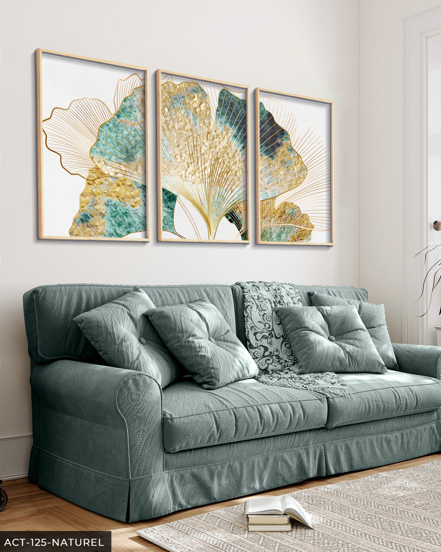 Yeşil ve Gold Detaylı Set 3 Parça Ahşap Çerçeveli Tablo ACT Naturel - 30 x 40 CM