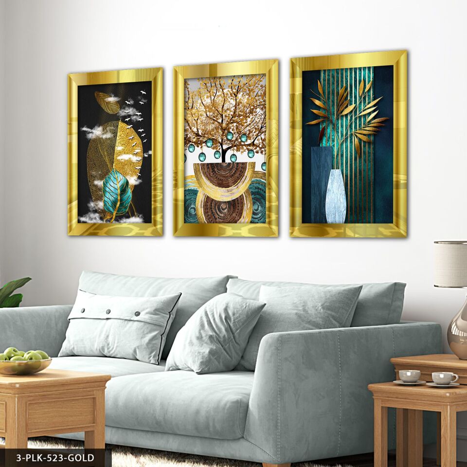 Soyut Doğa 3 Parça Pleksi Aynalı Tablo 20 x 30 CM - Gold