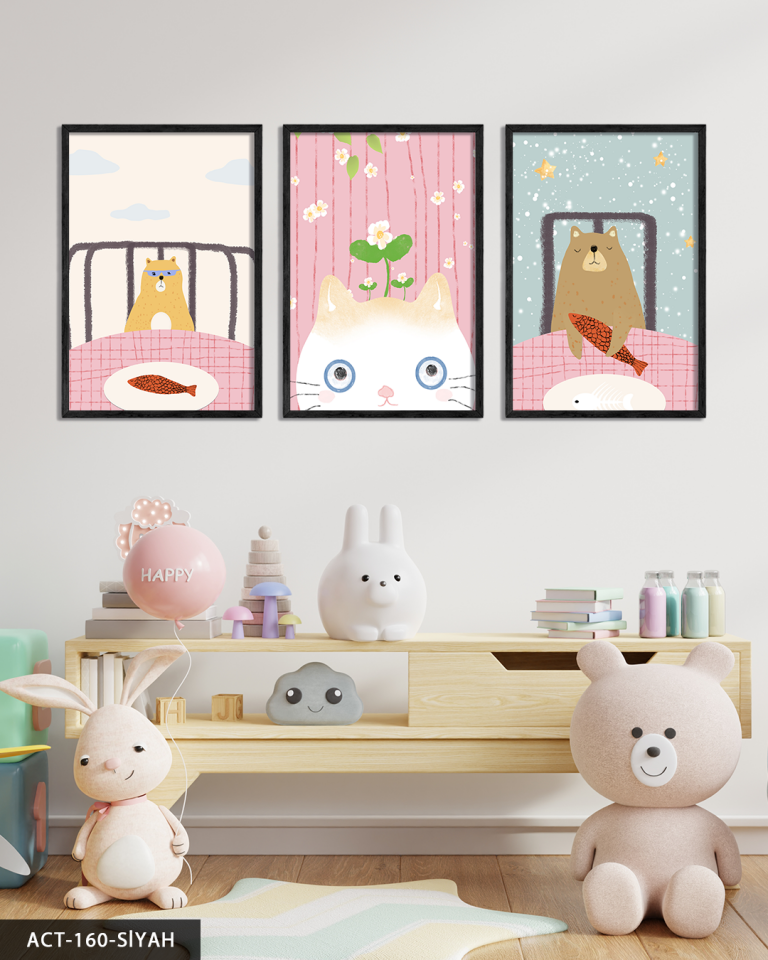 Sevimli Kedi ve Ayı 3 Parça Ahşap Çerçeveli Tablo ACT Siyah - 40 x 60 CM