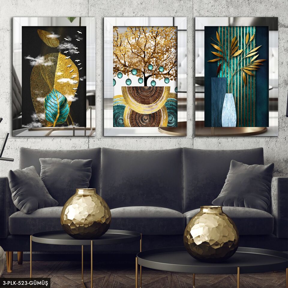 Soyut Doğa 3 Parça Pleksi Aynalı Tablo 20 x 30 CM - Gümüş