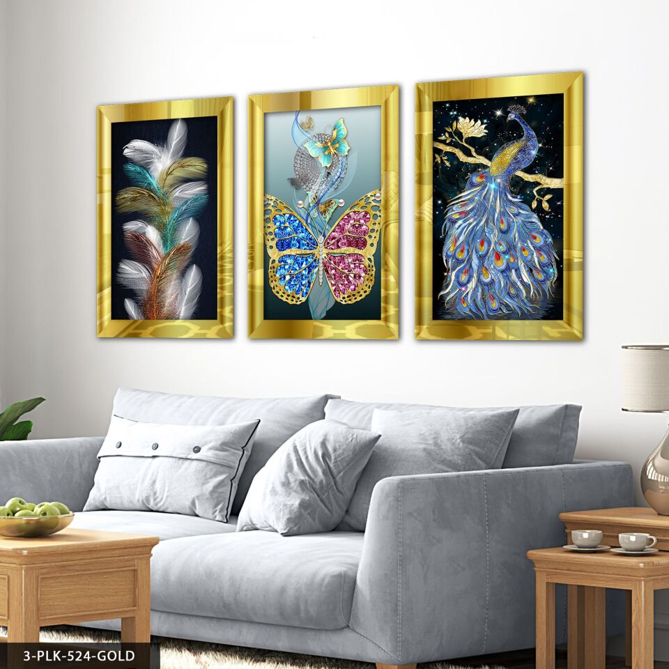 Kuş Tüy Kelebek 3 Parça Pleksi Aynalı Tablo 20 x 30 CM - Gold