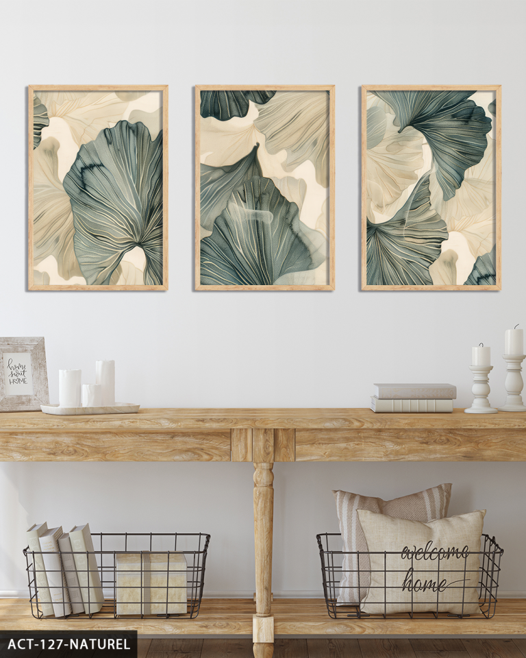Yeşil Çiçekli Modern Sanat 3 Parça Ahşap Çerçeveli Tablo ACT Naturel - 30 x 40 CM