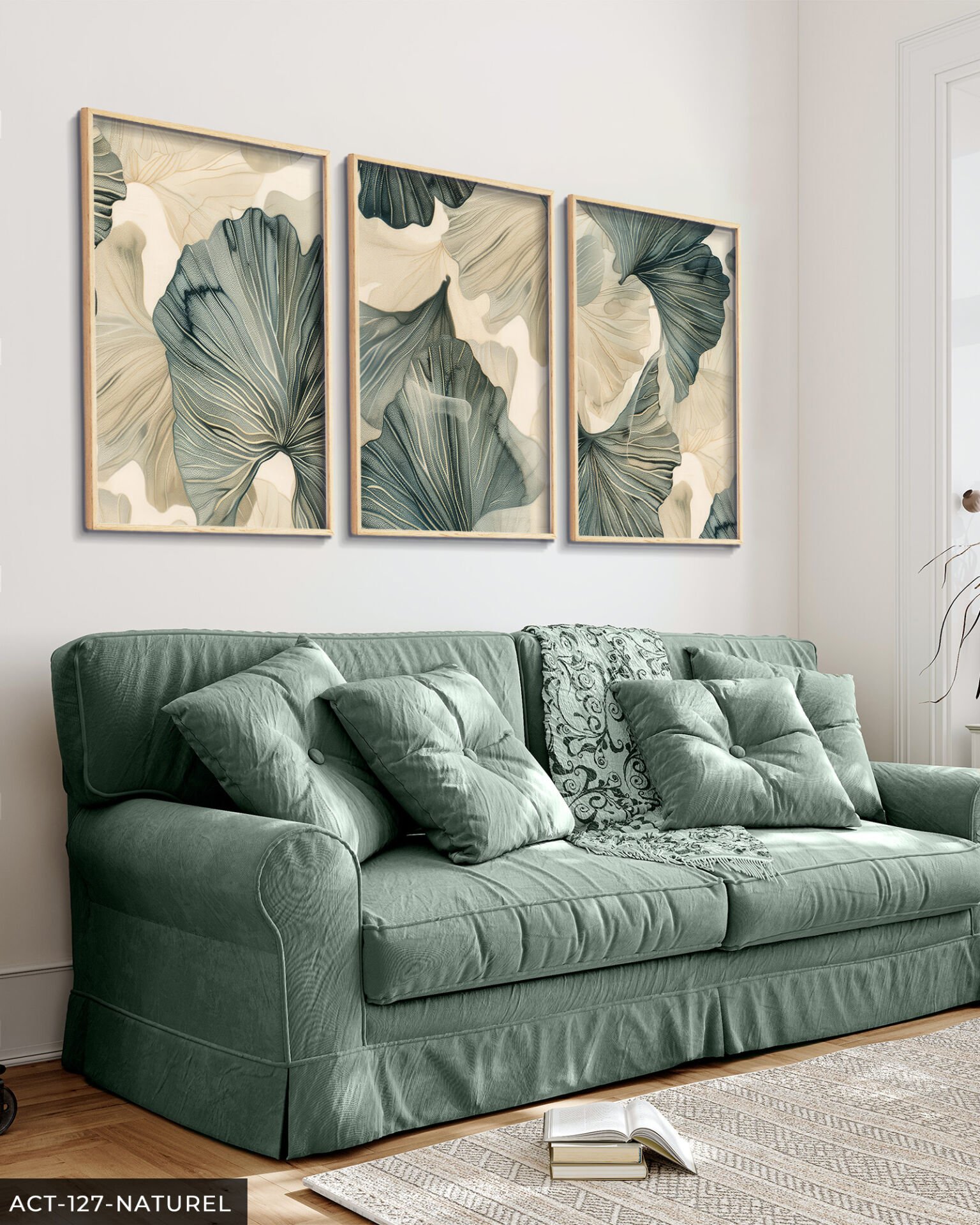 Yeşil Çiçekli Modern Sanat 3 Parça Ahşap Çerçeveli Tablo ACT Naturel - 30 x 40 CM