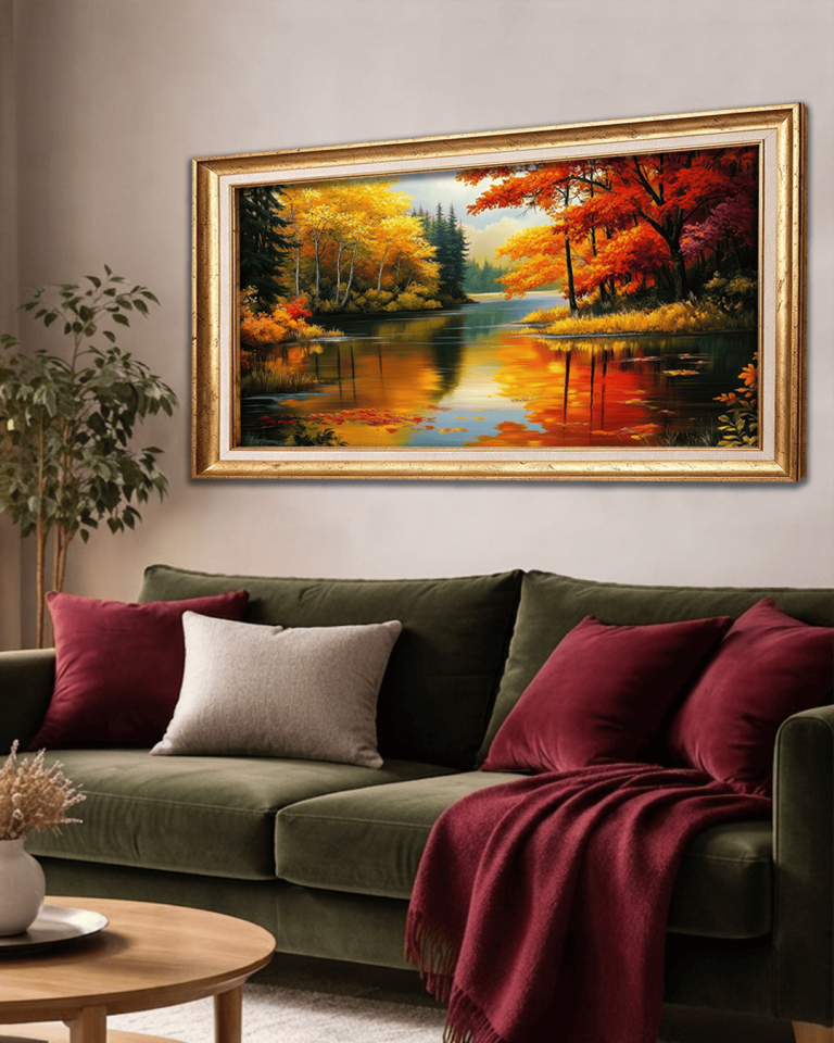 Sarı Ağaçlı Göl Kenarı Premium Çerçeveli Tek Parça Tablo 65X110 cm PRM