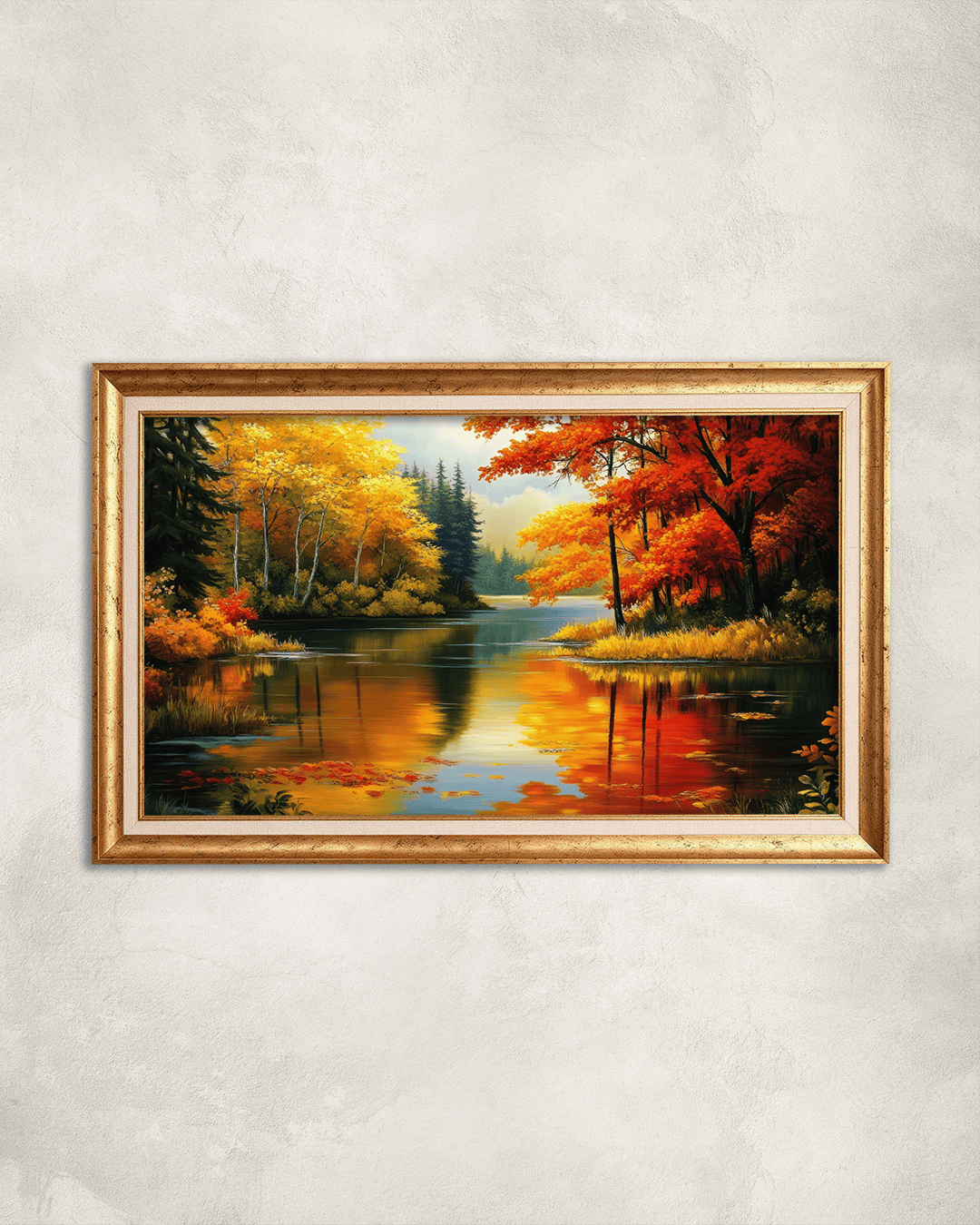 Sarı Ağaçlı Göl Kenarı Premium Çerçeveli Tek Parça Tablo 65X110 cm PRM