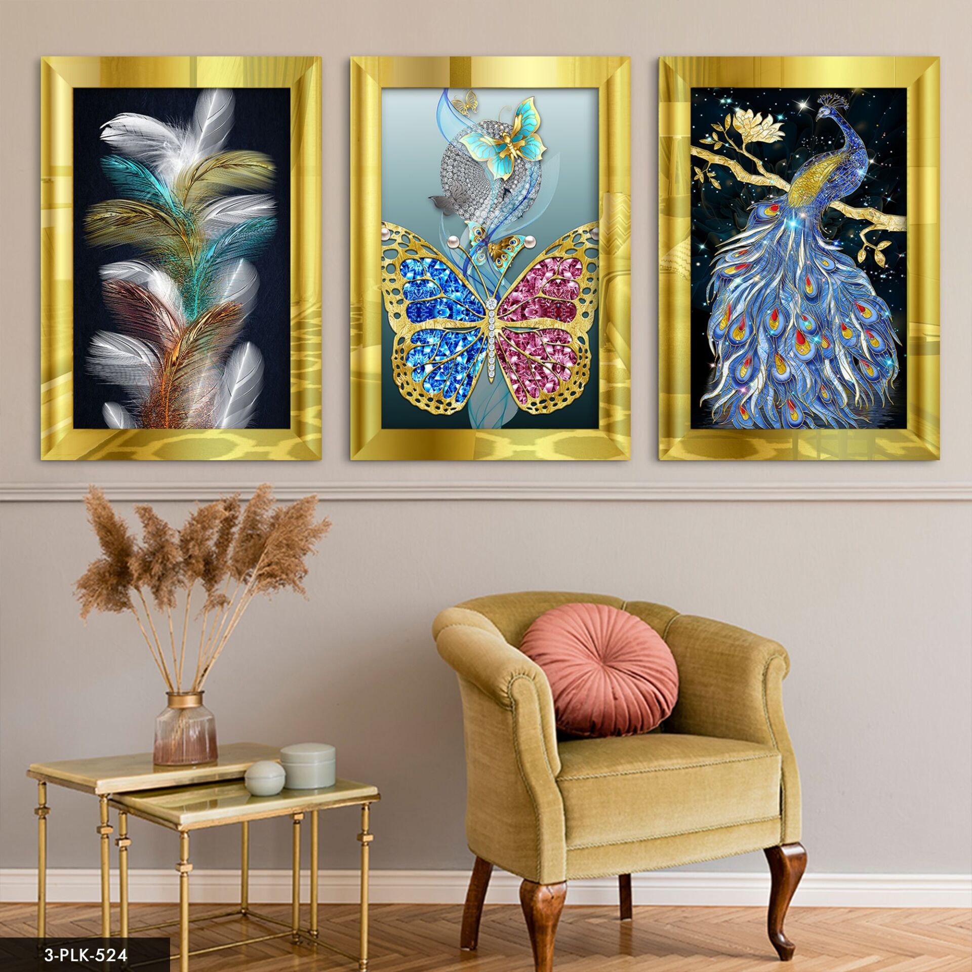 Kuş Tüy Kelebek 3 Parça Pleksi Aynalı Tablo 20 x 30 CM - Gold