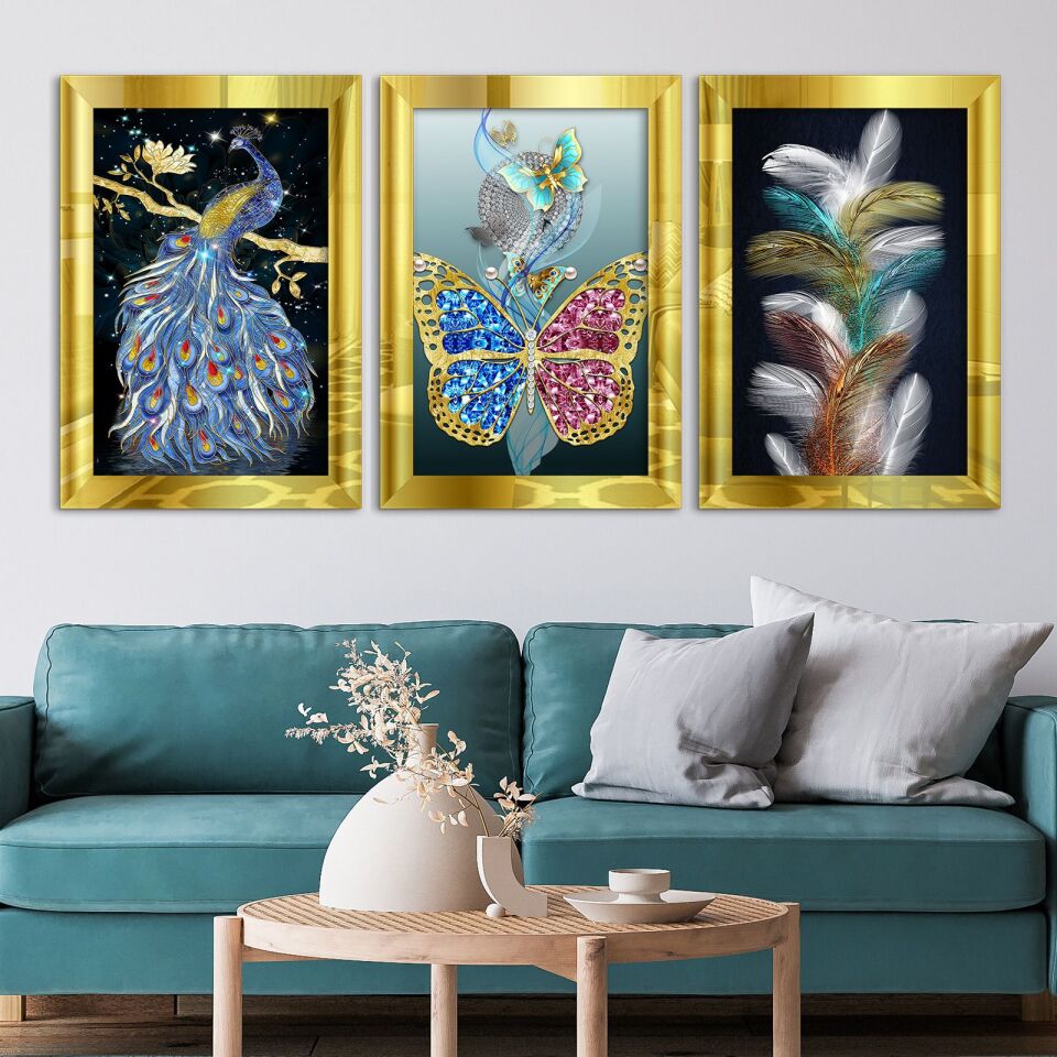 Kuş Tüy Kelebek 3 Parça Pleksi Aynalı Tablo 20 x 30 CM - Gold