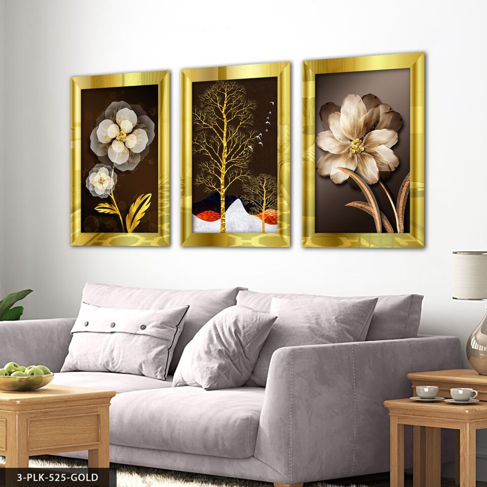 Çiçek Ağaç 3 Parça Pleksi Aynalı Tablo 20 x 30 CM - Gold