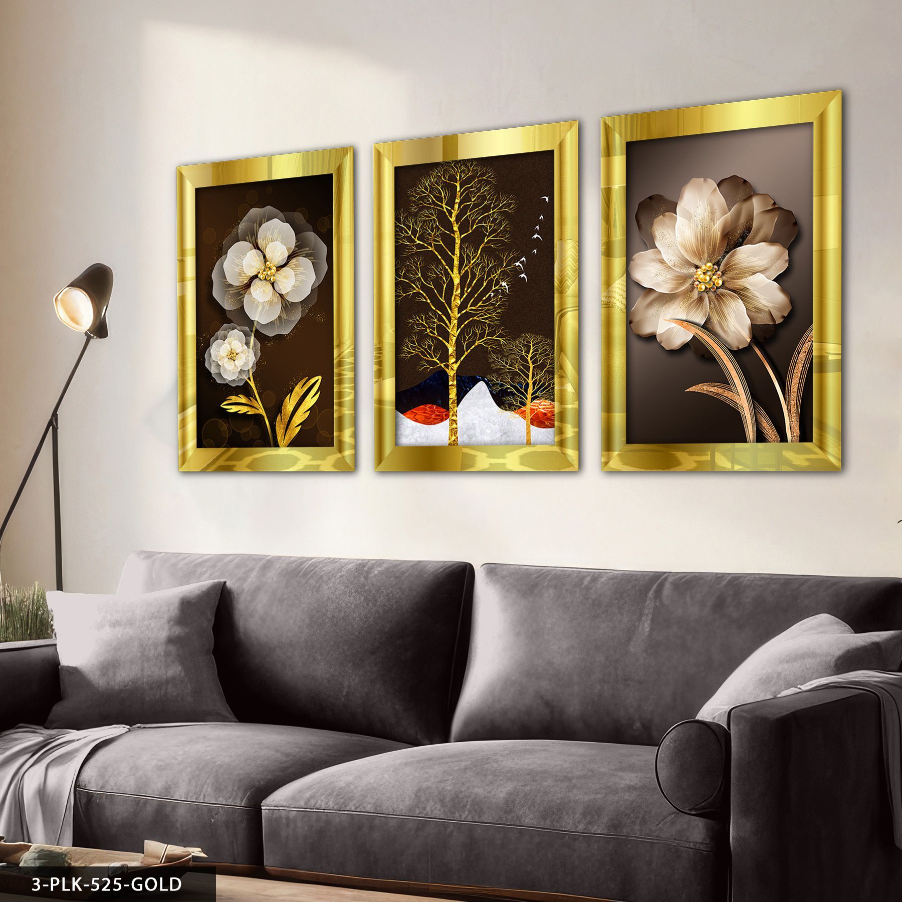 Çiçek Ağaç 3 Parça Pleksi Aynalı Tablo 20 x 30 CM - Gold