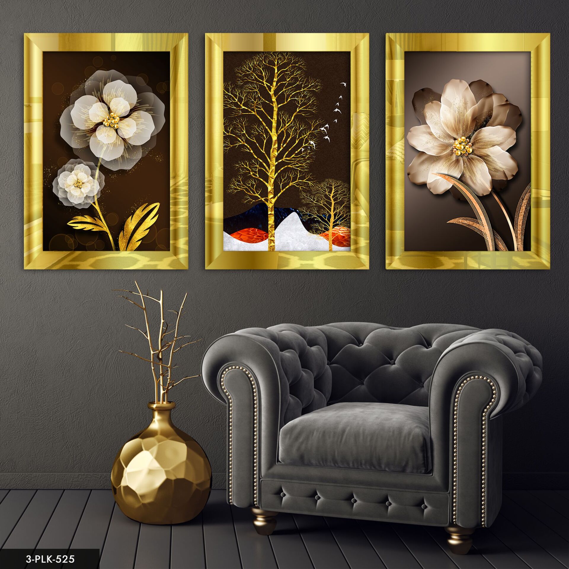 Çiçek Ağaç 3 Parça Pleksi Aynalı Tablo 20 x 30 CM - Gold