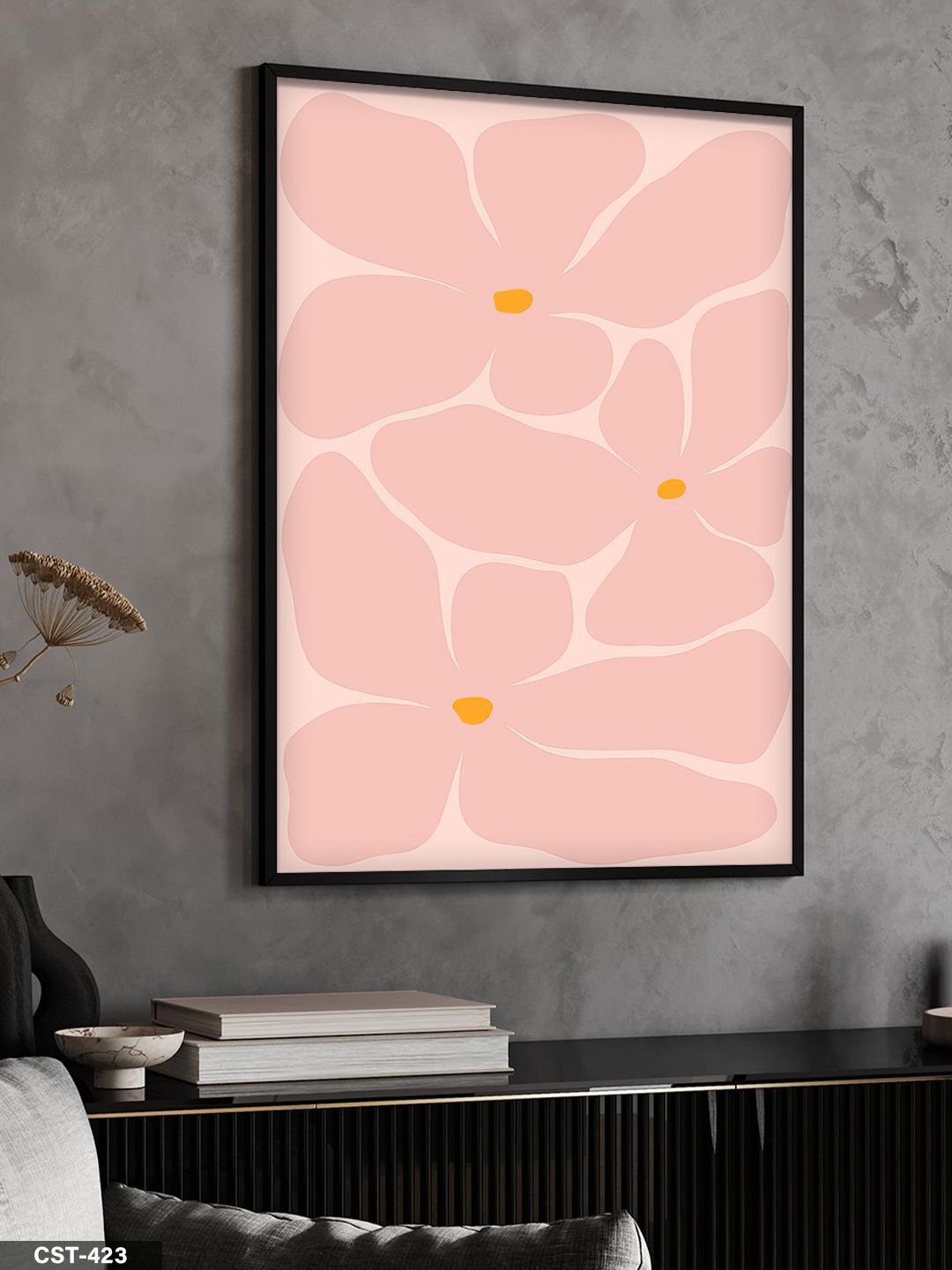 Pembe Çiçek Tek Parça Ahşap Çerçeveli Tablo Siyah - 50 x 70 CM
