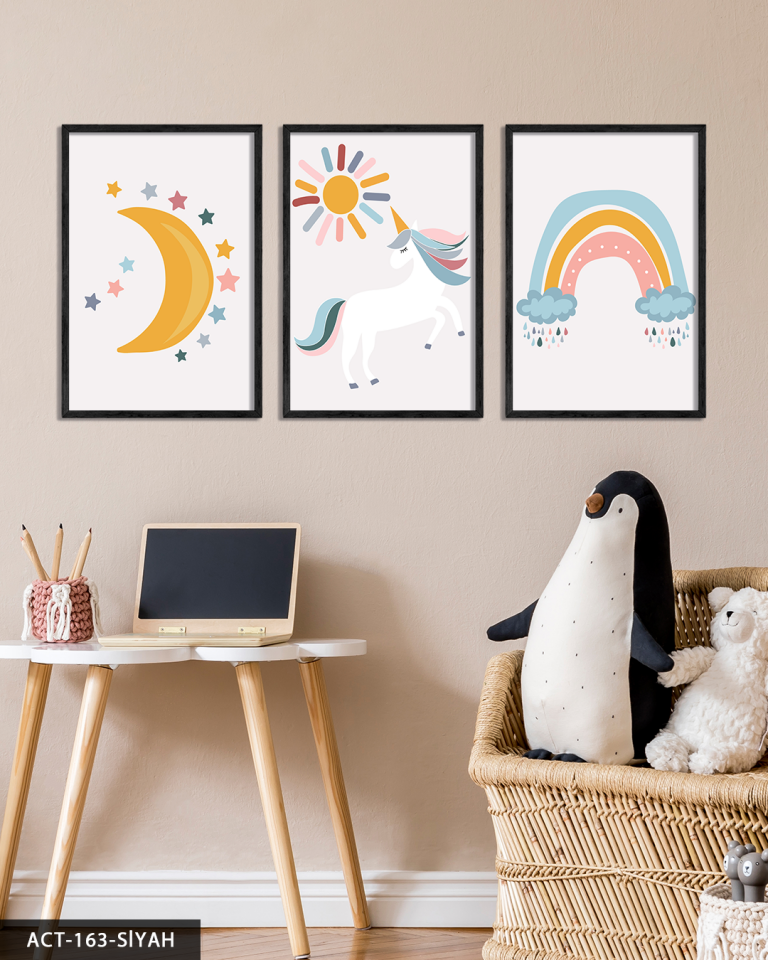 Minimalist Unicorn 3 Parça Ahşap Çerçeveli Tablo ACT Siyah - 40 x 60 CM