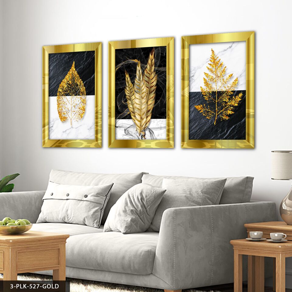 Yaprak Tüy 3 Parça Pleksi Aynalı Tablo 20 x 30 CM - Gold