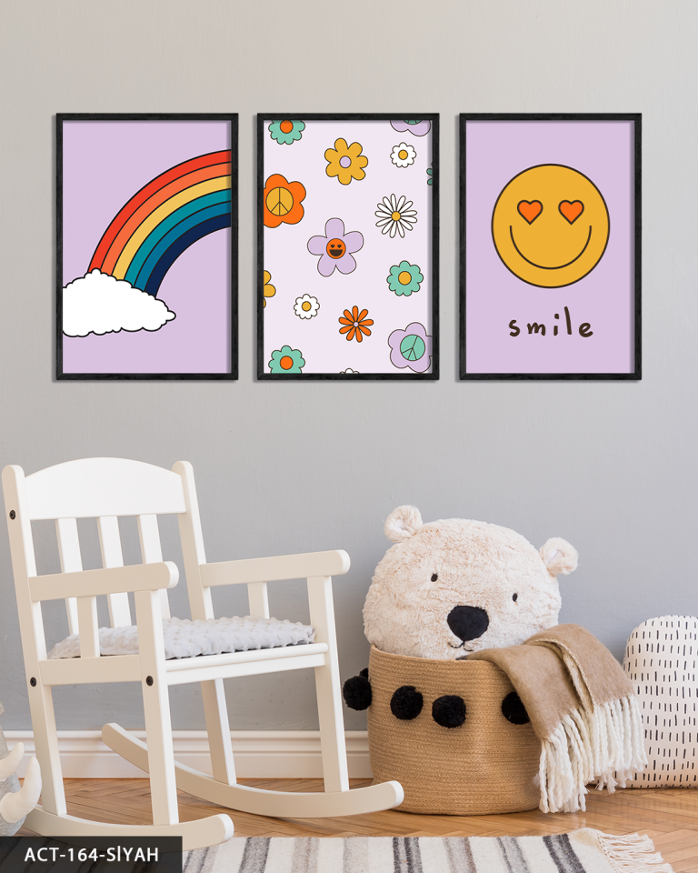 Gökkuşağı ve Gülenyüz 3 Parça Ahşap Çerçeveli Tablo ACT Siyah - 40 x 60 CM
