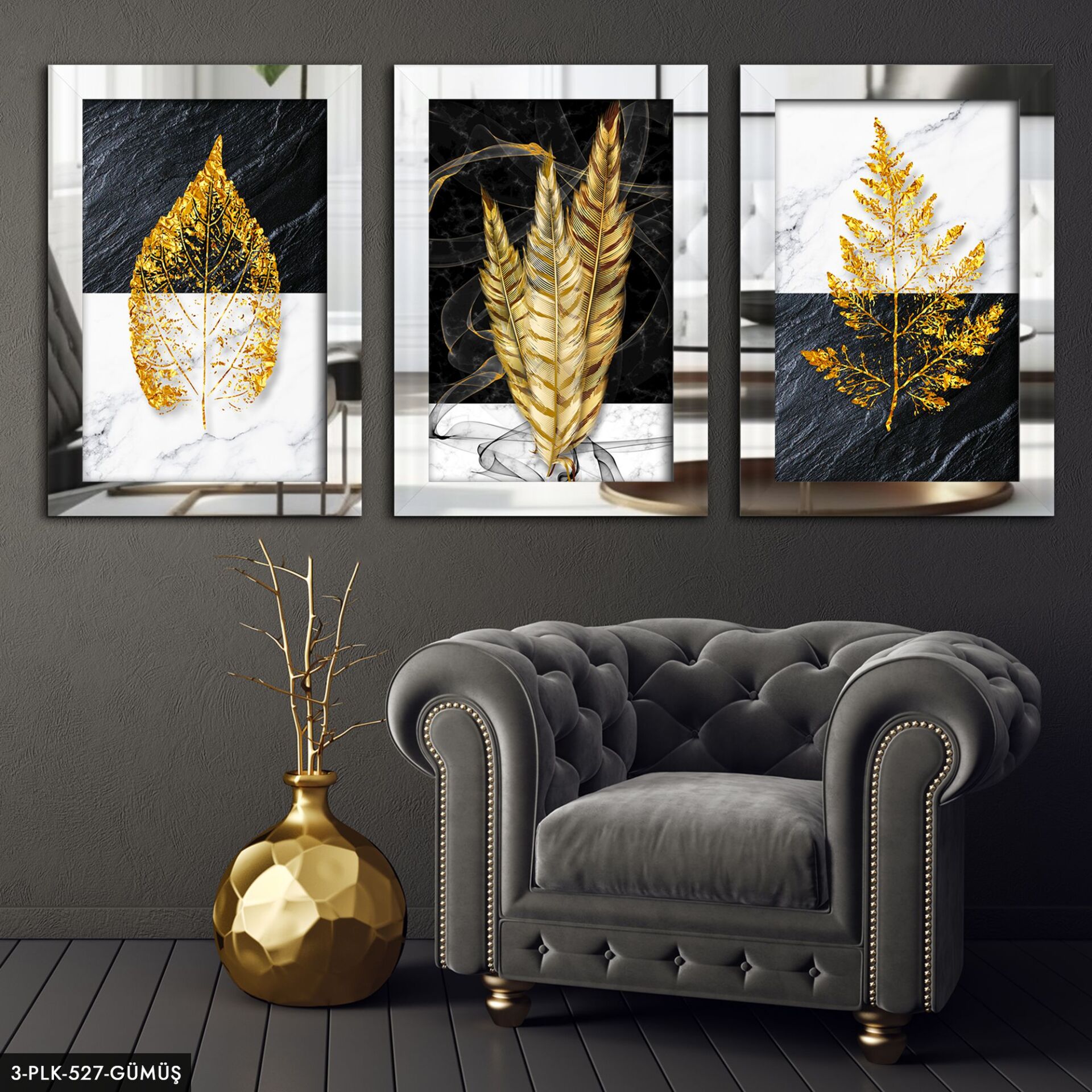 Yaprak Tüy 3 Parça Pleksi Aynalı Tablo 20 x 30 CM - Gümüş