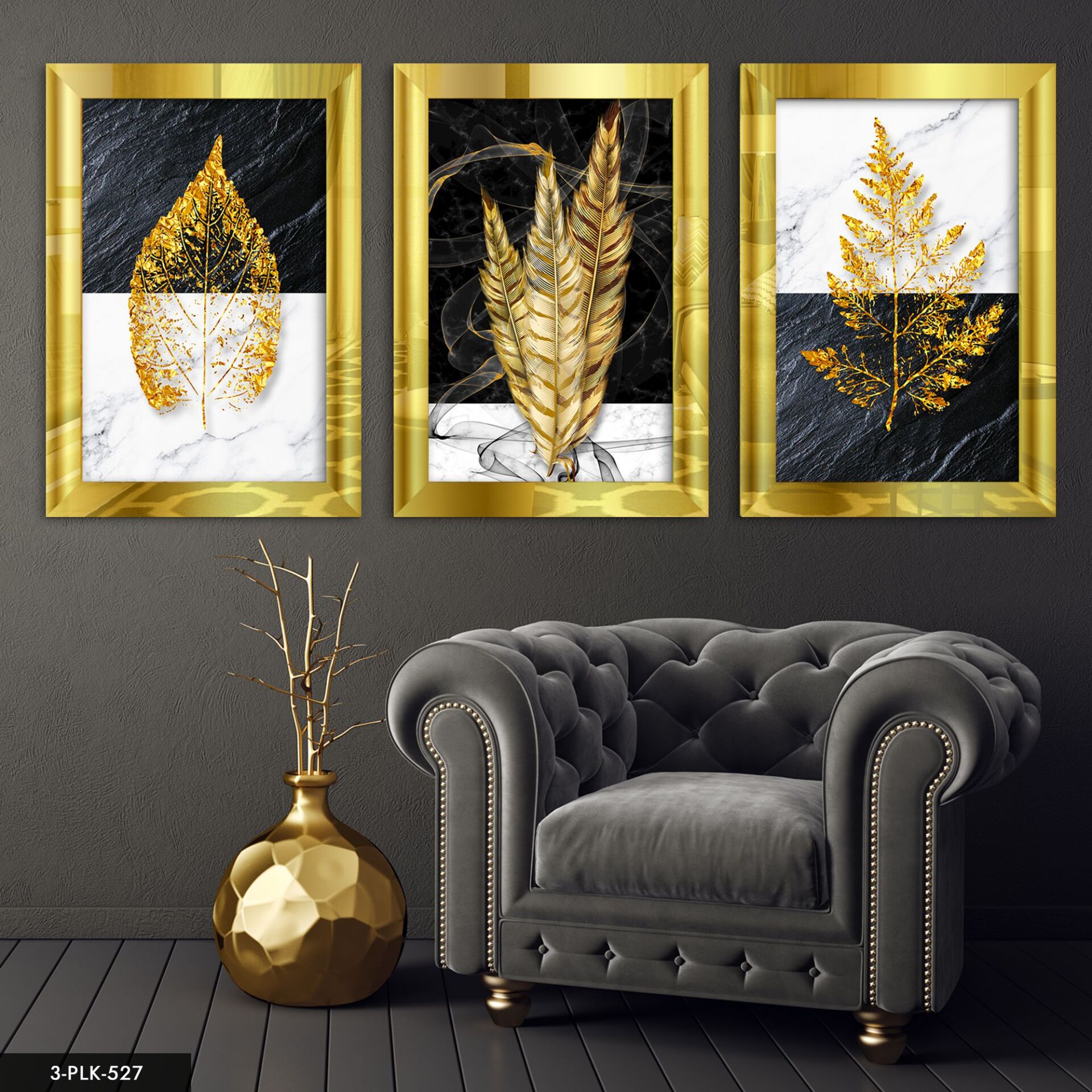 Yaprak Tüy 3 Parça Pleksi Aynalı Tablo 20 x 30 CM - Gold