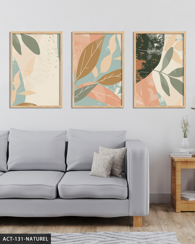 Boho Tarzı Renkli Yapraklar 3 Parça Ahşap Çerçeveli Tablo ACT Naturel - 30 x 40 CM