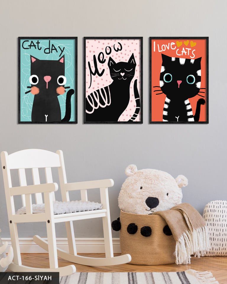 Sevimli Kara Kediler 3 Parça Ahşap Çerçeveli Tablo ACT Siyah - 40 x 60 CM