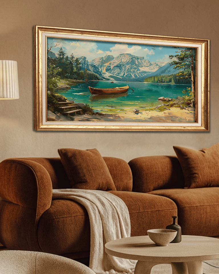 Kayık ve Göl Premium Çerçeveli Tek Parça Tablo 65X110 cm PRM