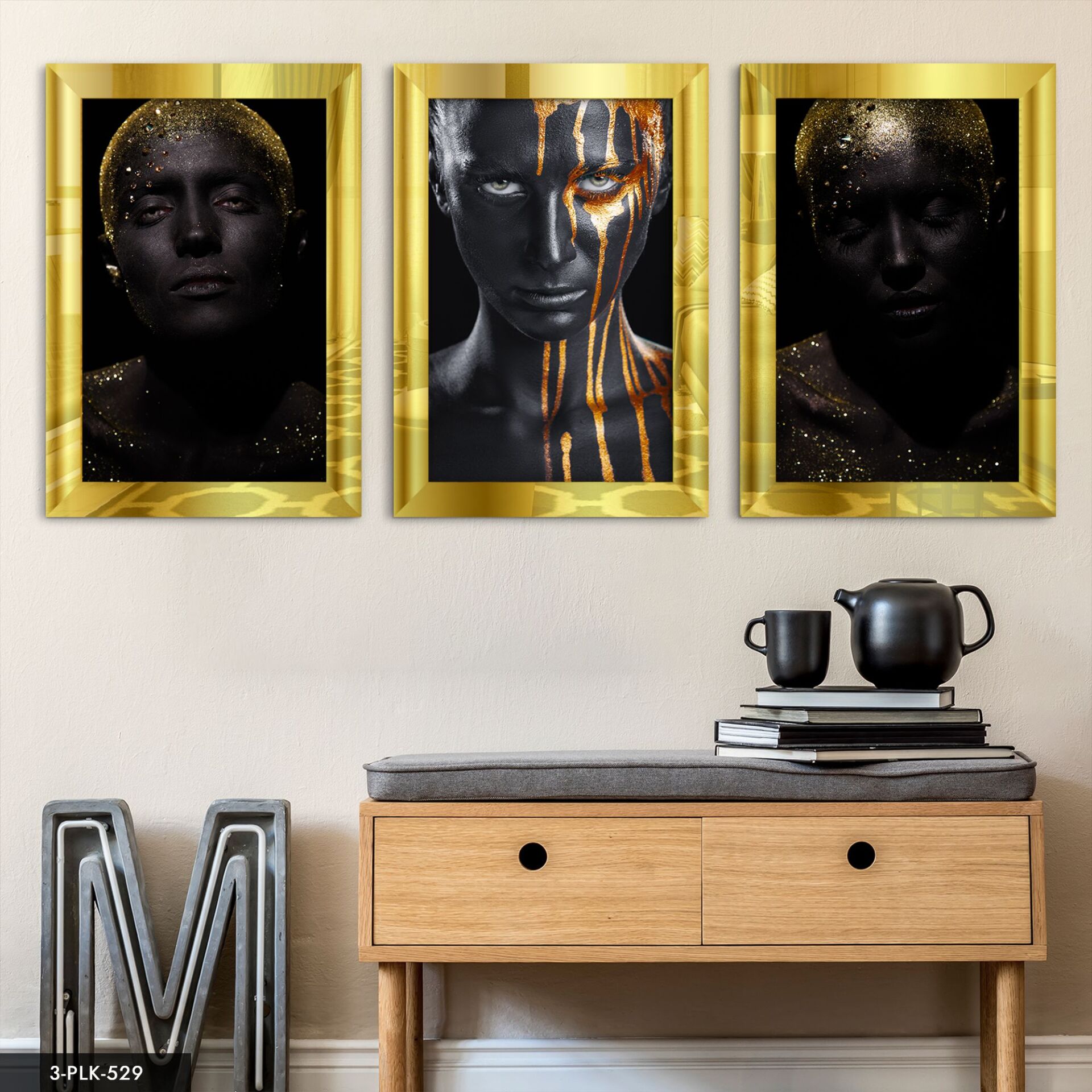 Siyahi Kadınlar 3 Parça Pleksi Aynalı Tablo 20 x 30 CM - Gold