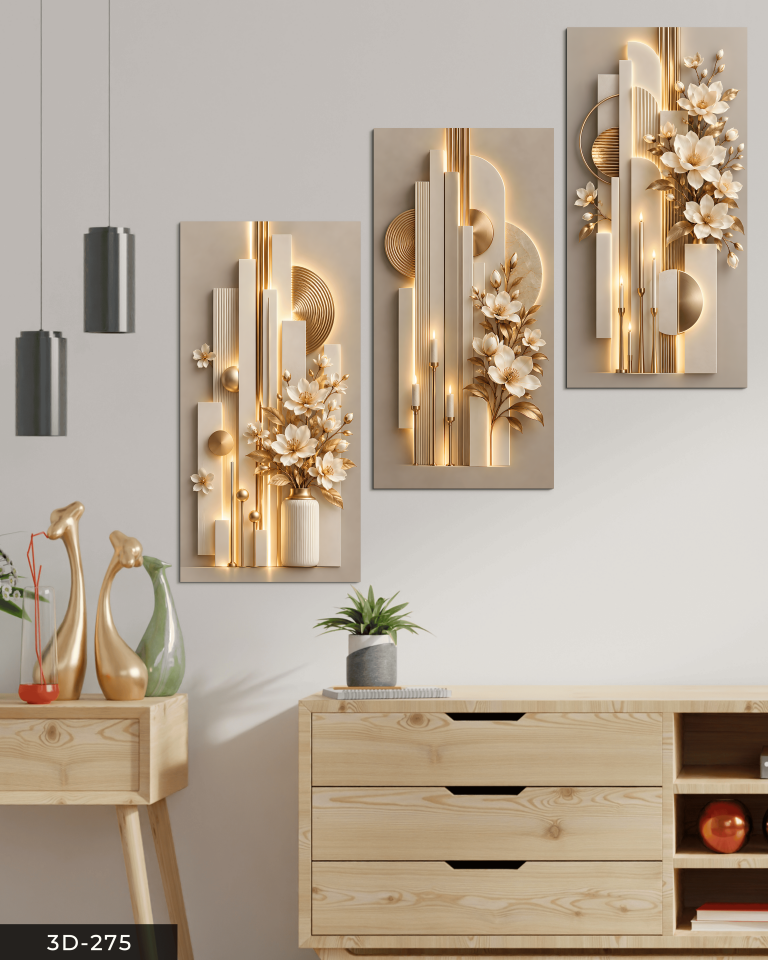 Beyaz Çiçek Yuvarlak Desenler ve Mum 3 Parçalı Mdf Tablo