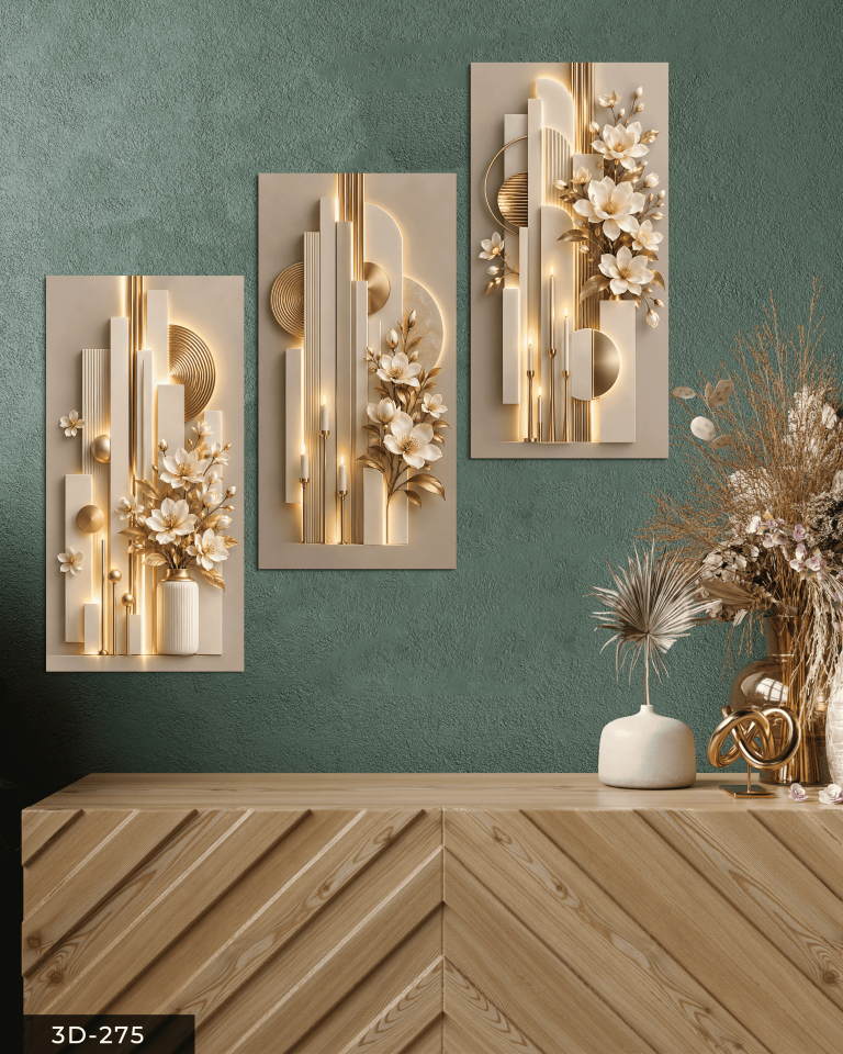 Beyaz Çiçek Yuvarlak Desenler ve Mum 3 Parçalı Mdf Tablo