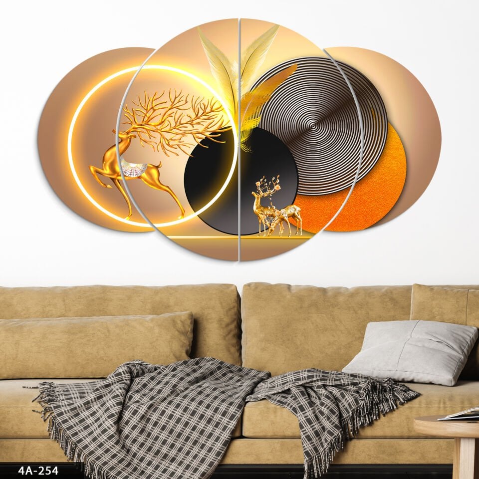Gold Geyik Geometrik Desenler 4 Parça Mdf Tablo 60x100 CM